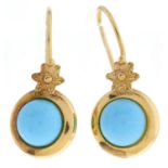 A pair of turquoise earrings, in gold, wire loop, marked 750, 2.1g Good condition