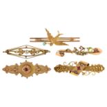 Five Victorian gold bar brooches, variously gem set, 40mm and c, marked 9ct, 13.3g Complete; good