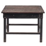 An oak side table, early 19th c, the boarded top with cleated ends, the painted base fitted with