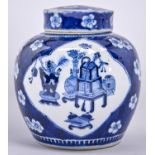 A Chinese blue and white ginger jar and cover, early 20th c, painted with groups of objects reserved