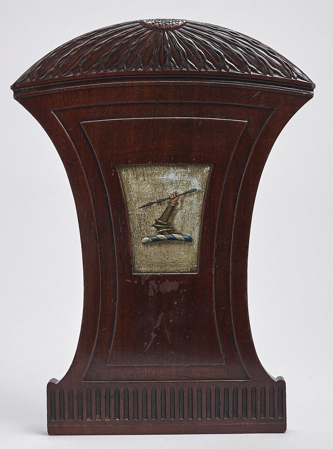 A Regency carved mahogany hall chair-back, c1800, with painted crest, 47cm h Minor knocks and