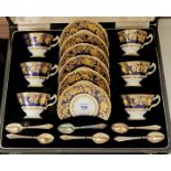 A set of six Hammersley cobalt and gilt coffee cups and saucers, c1940, saucer 12.5cm diam,