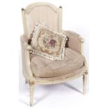 A French painted bergere, 19th c, in Louis XVI style, the arched and curved, padded back with gilt
