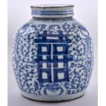 A Chinese export blue and white ginger jar and cover, late 19th c, painted with shou characters