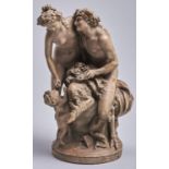 A French painted plaster group of a maiden and fawn with grapes and a child, in the manner of