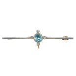 An zircon and diamond bar brooch, c1920, in gold, 53mm l, marked 15ct, 3.7g Good condition