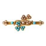 A turquoise and split pearl bar brooch, early 20th c, in gold, gold pin, 43mm, unmarked, 6.4g Good