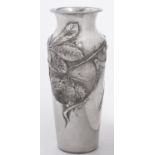 A French pewter vase, c1910, of shouldered form, chased in high relief with horse chestnuts, 26cm
