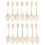 A set of fourteen Victorian silver dessert spoons, Fiddle pattern, by Holland, Aldwinckle &