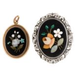 A pietre dure brooch and pendant, late 19th c, decorated with flowers, mounted in silver or gold