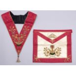 A Masonic Rose Croix 18th degree collar and silver gilt and enamel jewel and  apron