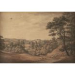 English School late 18th/early -  Extensive Landscape with shepherd and sheep before a distant