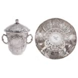 A French silver trembleuse cup, cover and saucer, chased, applied and engraved with scenes and