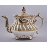 A Rockingham teapot and cover, c1830-42, of three spur handle shape, painted with landscapes