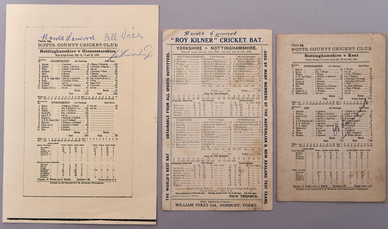 Autographs. Notts County Cricket Club, Nottinghamshire v Kent June 20, 22 and 23 1931 and