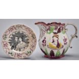 A Victorian lustre ware royal commemorative jug, c1816, sprigged with named portraits of PRINCE