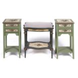 A pair of green painted bedside tables, late 20th c, decorated with flowers, 69cm h; 25 x 35cm and a
