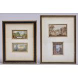 Two and a pair of Victorian Baxter prints, mid 19th c, 75 x 105mm and smaller, in two frames
