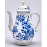A Worcester blue and white coffee pot and cover, c1780, transfer printed in underglaze blue with the