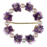 A cultured pearl and carved amethyst circlet brooch, c1964, in gold, 34mm, marked 585, 8.5g Back