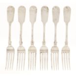 A set of six Victorian silver table forks, Fiddle pattern, by Robert Williams & Sons, Exeter 1852,