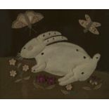 Folk Art. A felt picture of a white rabbit, 19th c, worked with two butterflies, a pansy and four