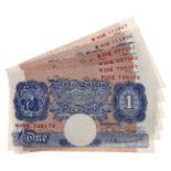 Bank Notes. Bank of England, Peppiatt £1 blue, three consecutive pairs, H-E, K-E and W-H,
