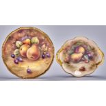 A Coalport plate and dish, late 20th c, each painted with an all over still life of fruit by P