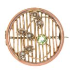 A peridot and split pearl set gold openwork brooch, c1910, 25mm, marked 9c, 2.7g Slight wear