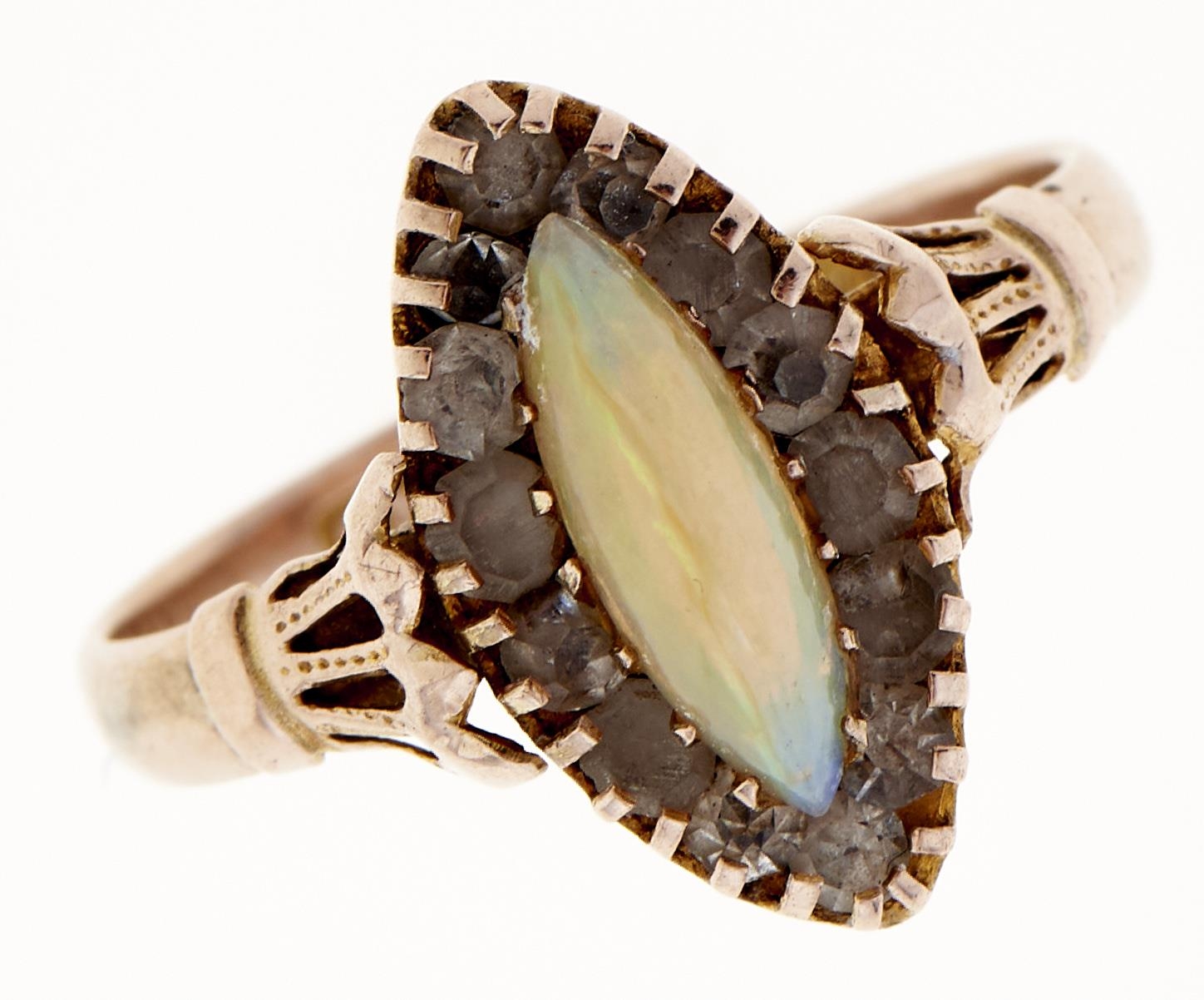 An opal and paste navette cluster ring, in 9ct gold, Chester 1919, 2.6g, size O Opal retaining