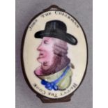 An oval enamel patch box, 19th c, the lid painted with JOHN THE COACHMAN and BETTY THE COOK, a