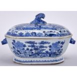 A Chinese export blue and white soup tureen and cover, late 18th c, with boar's head handles,
