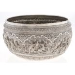 A Burmese silver repousse bowl, c1910, with jataka scenes, maker's mark [not in Owens], 11ozs 10dwts