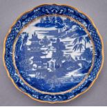 A Caughley saucer dish, c1782-92, transfer printed in underglaze blue with the Pagoda pattern and