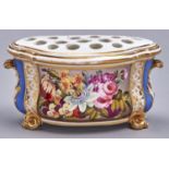 A Derby bough pot and cover, c1820, painted with a panel of luxuriant flowers, including a prominent