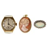 A 9ct gold wristwatch, Swiss movement, 29mm diam, Chester 1929, an oval opal and paste brooch in