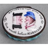 An enamel patch box, 19th c, the oval lid painted with portraits and inscribed One Month Before