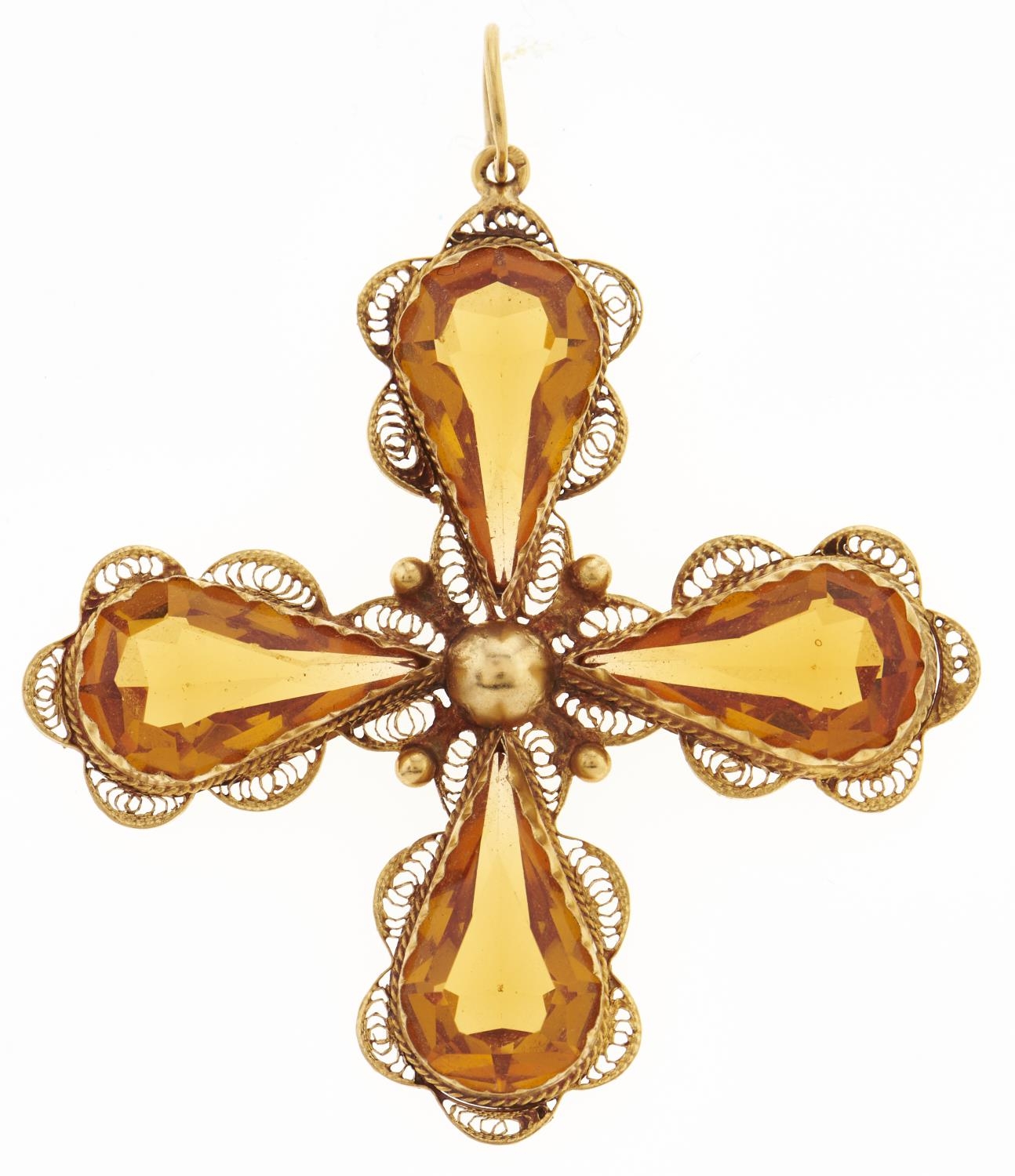 A citrine cruciform pendant, with four pear shaped drops in gold filigree, marked C18, 10.4g Good