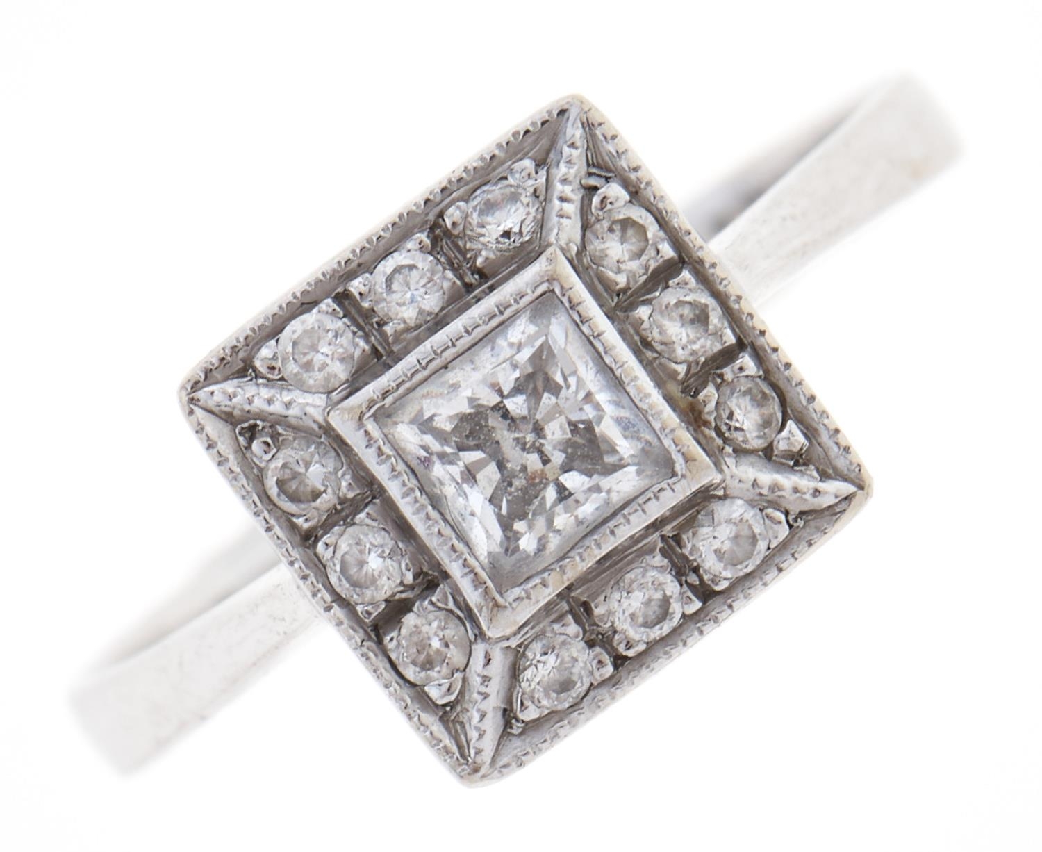 A white stone square cluster ring, in white gold, marked 585, 3.3g, size P Good condition