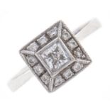 A white stone square cluster ring, in white gold, marked 585, 3.3g, size P Good condition