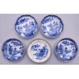 One and two pairs of Chinese export blue and white saucers, late 18th c, one with osier moulded