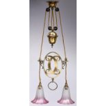 An early electric rise-and-fall electrolier, early 20th c, the rose and acorn shaped brass cased