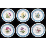 A set of six English porcelain botanical dessert plates, c1870, with jewelled turquoise border and