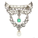 An emerald, cultured pearl and diamond festoon brooch, late 19th c, emerald approx 5 x 5mm, in