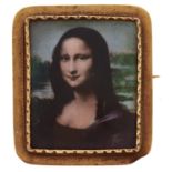 A gold brooch set with a printed miniature on porcelain of the Mona Lisa, 13.1g Minor dents, one