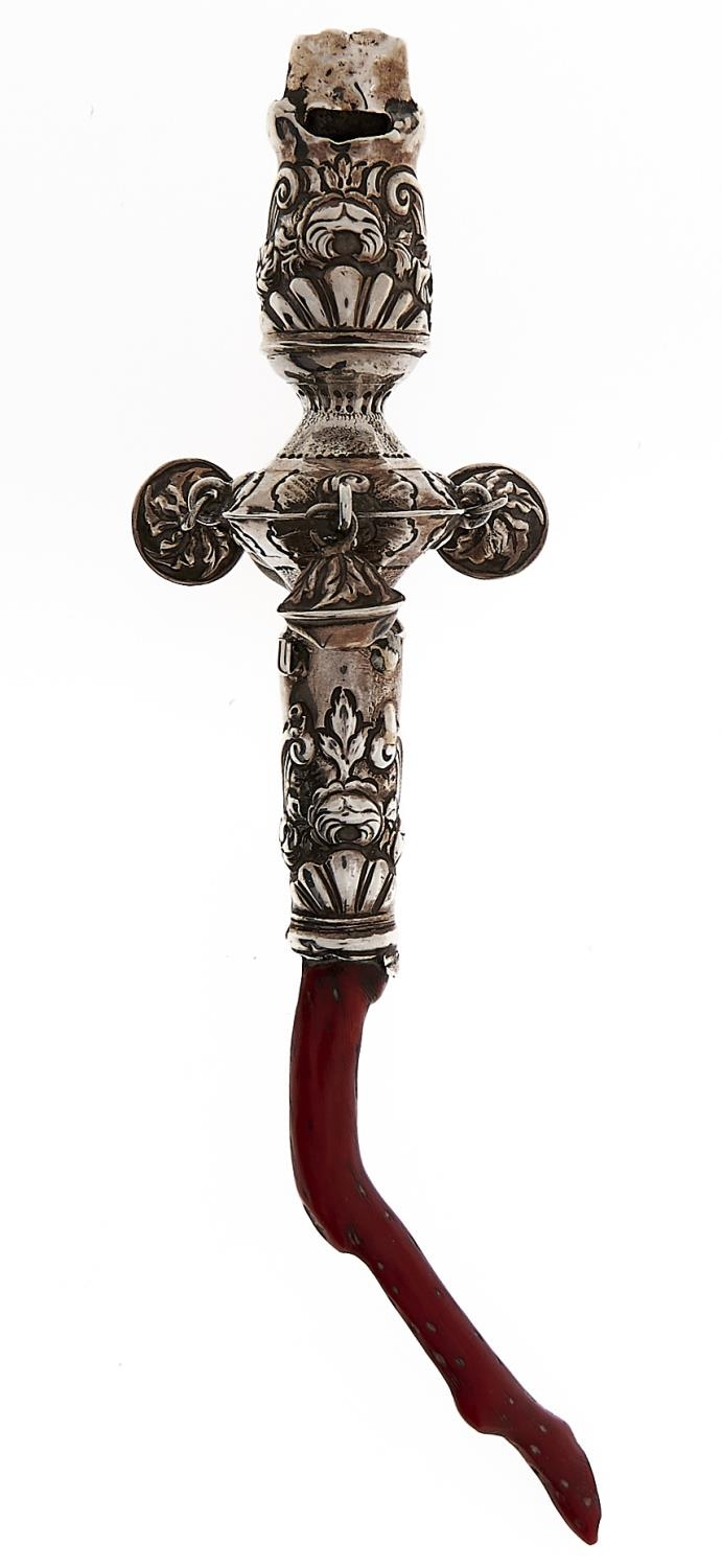 A George III silver baby's rattle, hung with bells and chased with foliage, coral tether, 16cm l,