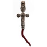 A George III silver baby's rattle, hung with bells and chased with foliage, coral tether, 16cm l,