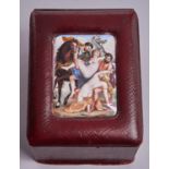 A maroon leather box, c1900, the sloping lid inset with an enamel plaque of the Rape of the