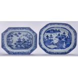 A Chinese export blue and white dish, c1780, painted with an island pagoda flanked by peony and