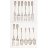 Eight Victorian silver dessert forks, Fiddle pattern, all London, by various makers and a set of
